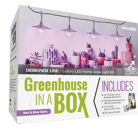 Miracle Led 4-Socket Greenhouse in a Box Grow Light Kit Red&Blue Spec 9W Replace 150W, Slvr Shades, Timer, 4PK 802432